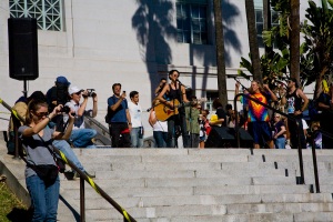 Inaccessible Stage at OccupyLA, up a flight of steps. 